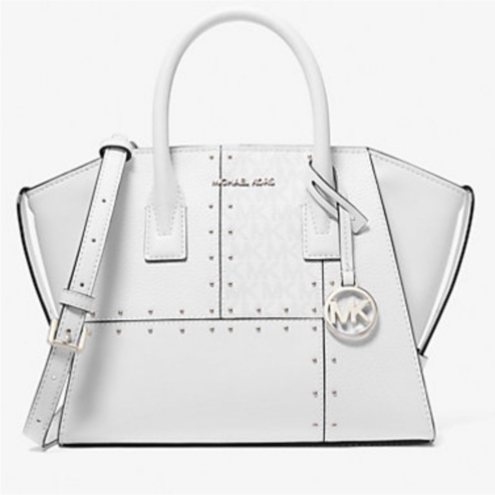 🤍🪻🤍 MICHAEL KORS  Avril Small Studded Patchwork and Signature Logo Satchel 🤍🪻🤍